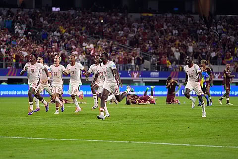 Canada celebrates their quarterfinal win in a Copa America